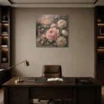 Blush & Smoky Gray Garden Peony Wall Art Canvas Print displayed in a contemporary gallery-inspired room