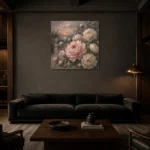 Blush & Smoky Gray Garden Peony Wall Art Canvas Print shown in a warm modern interior