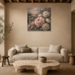 Blush & Smoky Gray Garden Peony Wall Art Canvas Print presented in a sophisticated home setting