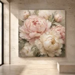 Pale blush and pearl Peony Wall Art print for elegant interiors. No text or watermarks in design.