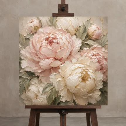 Pale Blush & Pearl Close-Up Peony Wall Art Canvas Print displayed on a studio easel