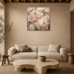 Pale Blush & Pearl Close-Up Peony Wall Art Canvas Print presented in a sophisticated home setting