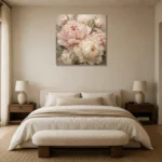 Pale Blush & Pearl Close-Up Peony Wall Art Canvas Print showcased in an elegant minimalist interior