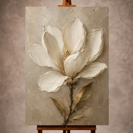 Ivory, champagne, taupe, and warm pearl Magnolia Flower Wall Art print for elegant interiors. No text or watermarks in design.