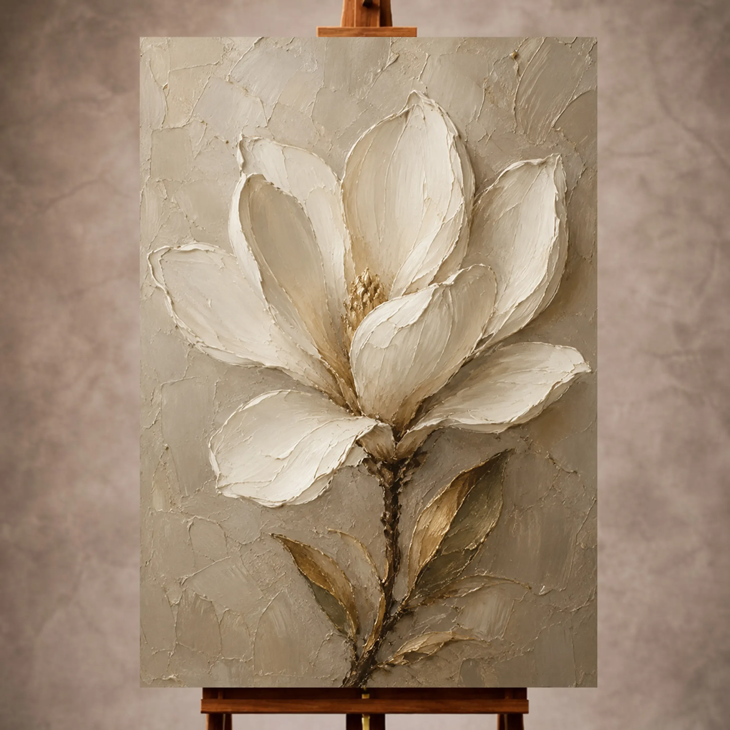 Premium Wall Art Dikey Html Edition – FLOWERWA036 Image 1 Ivory, champagne, taupe, and warm pearl Magnolia Flower Wall Art print for elegant interiors. No text or watermarks in design.