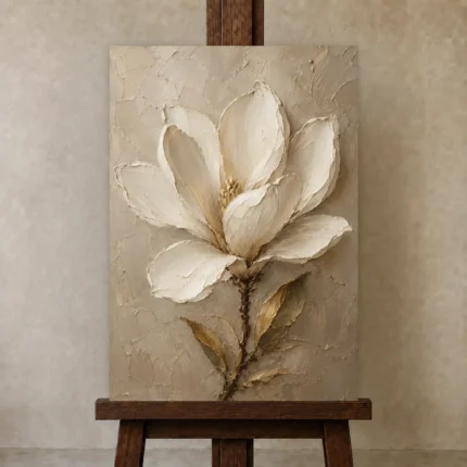 Ivory & Taupe Magnolia Flower Wall Art Canvas Print shown in Studio Easel