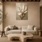 Ivory & Taupe Magnolia Flower Wall Art Canvas Print presented in a sophisticated home setting