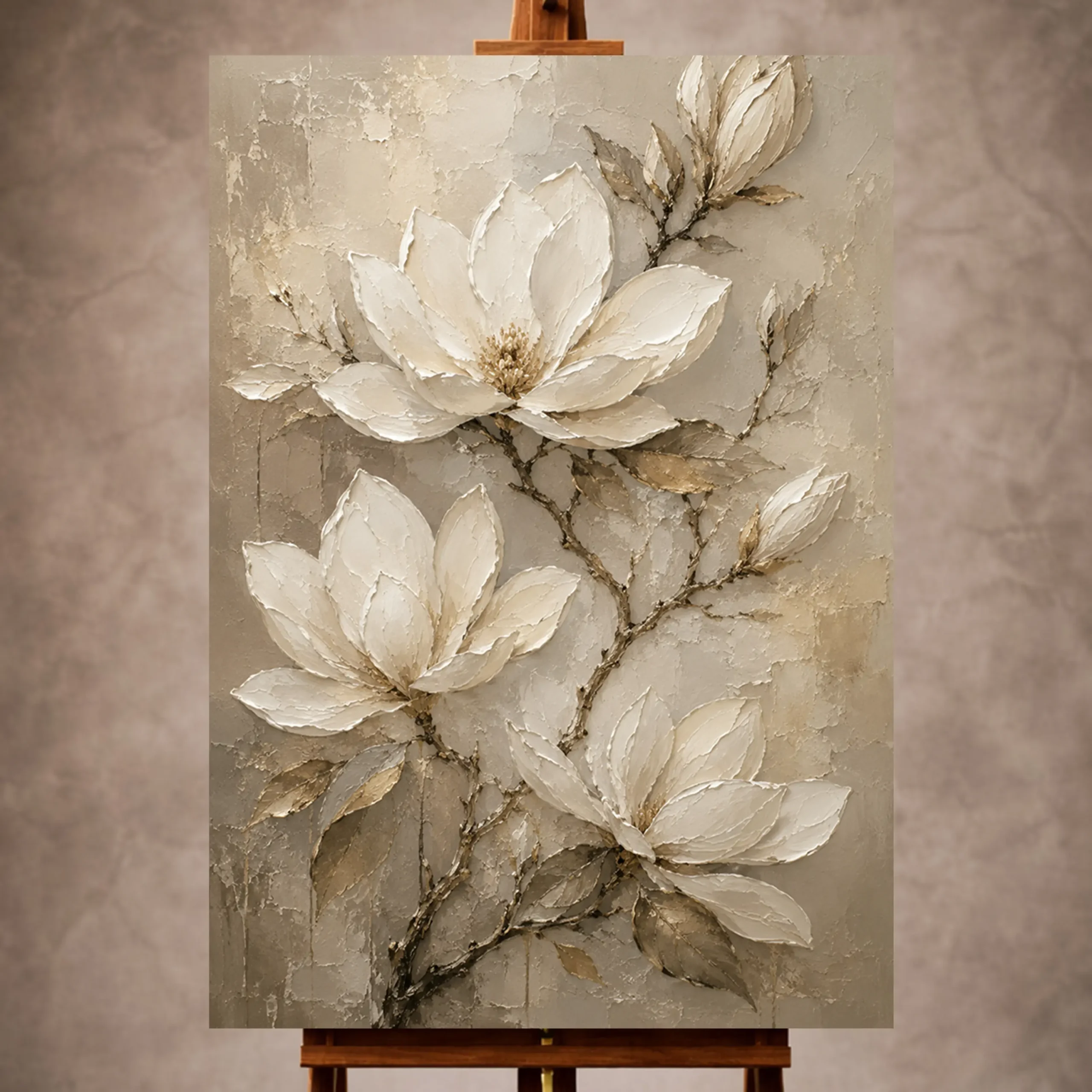Premium Wall Art Dikey Html Edition – FLOWERWA037 Image 1 Ivory, champagne, taupe, and muted stone Magnolia Flower Wall Art print for elegant interiors. No text or watermarks in design.