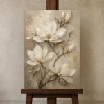 Ivory & Champagne Magnolia Flower Wall Art Canvas Print displayed on a studio easel