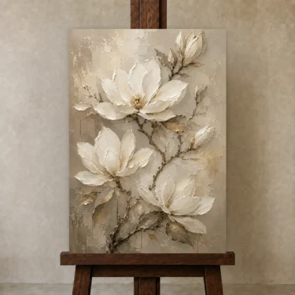 Ivory & Champagne Magnolia Flower Wall Art Canvas Print shown in Studio Easel