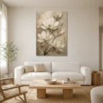 Ivory & Champagne Magnolia Flower Wall Art Canvas Print styled in a refined neutral interior