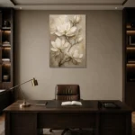 Ivory & Champagne Magnolia Flower Wall Art Canvas Print displayed in a contemporary gallery-inspired room