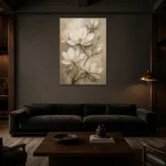 Ivory & Champagne Magnolia Flower Wall Art Canvas Print shown in a warm modern interior