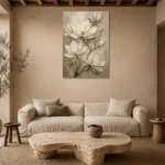 Ivory & Champagne Magnolia Flower Wall Art Canvas Print presented in a sophisticated home setting