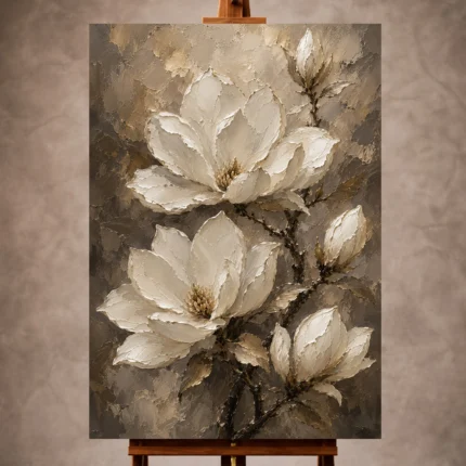 Ivory, champagne, taupe, soft umber, and warm gray Magnolia Flower Wall Art print for elegant interiors. No text or watermarks in design.