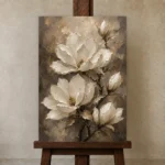 Ivory & Deep Taupe Magnolia Flower Wall Art Canvas Print displayed on a studio easel