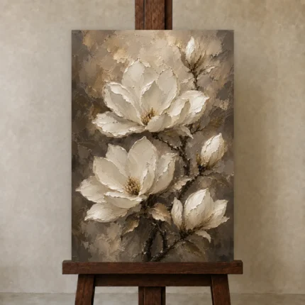 Ivory & Deep Taupe Magnolia Flower Wall Art Canvas Print shown in Studio Easel