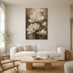 Ivory & Deep Taupe Magnolia Flower Wall Art Canvas Print styled in a refined neutral interior