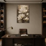 Ivory & Deep Taupe Magnolia Flower Wall Art Canvas Print displayed in a contemporary gallery-inspired room