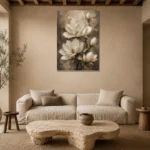 Ivory & Deep Taupe Magnolia Flower Wall Art Canvas Print presented in a sophisticated home setting