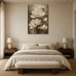 Ivory & Deep Taupe Magnolia Flower Wall Art Canvas Print showcased in an elegant minimalist interior