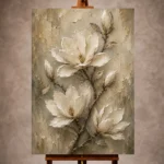 Ivory, champagne, taupe, and sage-gray Magnolia Flower Wall Art print for elegant interiors. No text or watermarks in design.