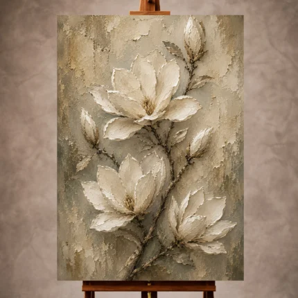 Ivory, champagne, taupe, and sage-gray Magnolia Flower Wall Art print for elegant interiors. No text or watermarks in design.