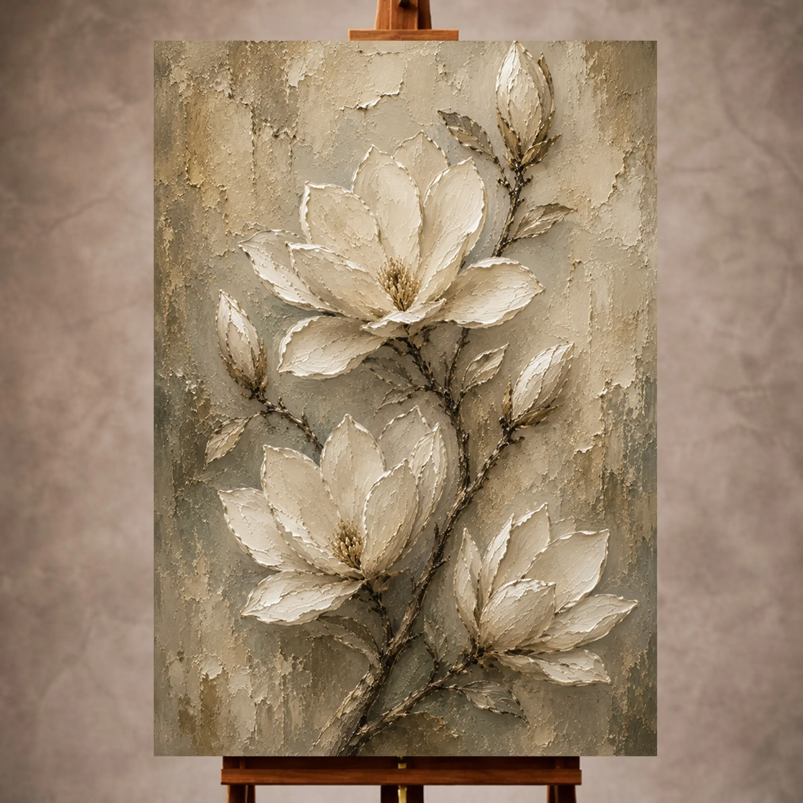 Premium Wall Art Dikey Html Edition – FLOWERWA039 Image 1 Ivory, champagne, taupe, and sage-gray Magnolia Flower Wall Art print for elegant interiors. No text or watermarks in design.