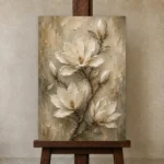 Ivory & Sage Magnolia Branch Flower Wall Art Canvas Print displayed on a studio easel