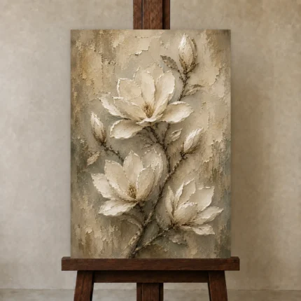 Ivory & Sage Magnolia Branch Flower Wall Art Canvas Print shown in Studio Easel