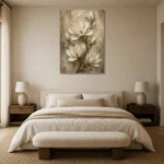 Ivory & Sage Magnolia Branch Flower Wall Art Canvas Print showcased in an elegant minimalist interior