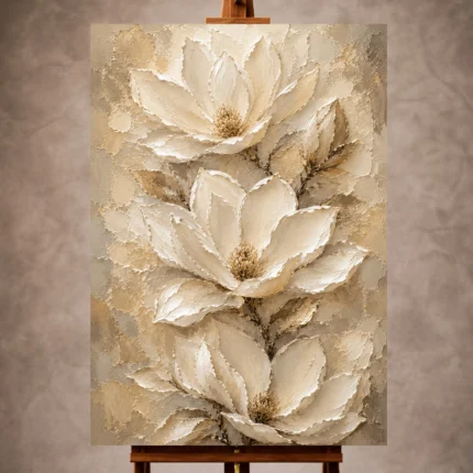 Ivory, pearl white, champagne, taupe, and pale beige Magnolia Flower Wall Art print for elegant interiors. No text or watermarks in design.