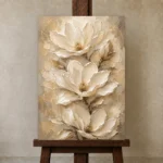 Ivory Champagne Oversized Magnolia Flower Wall Art Canvas Print displayed on a studio easel
