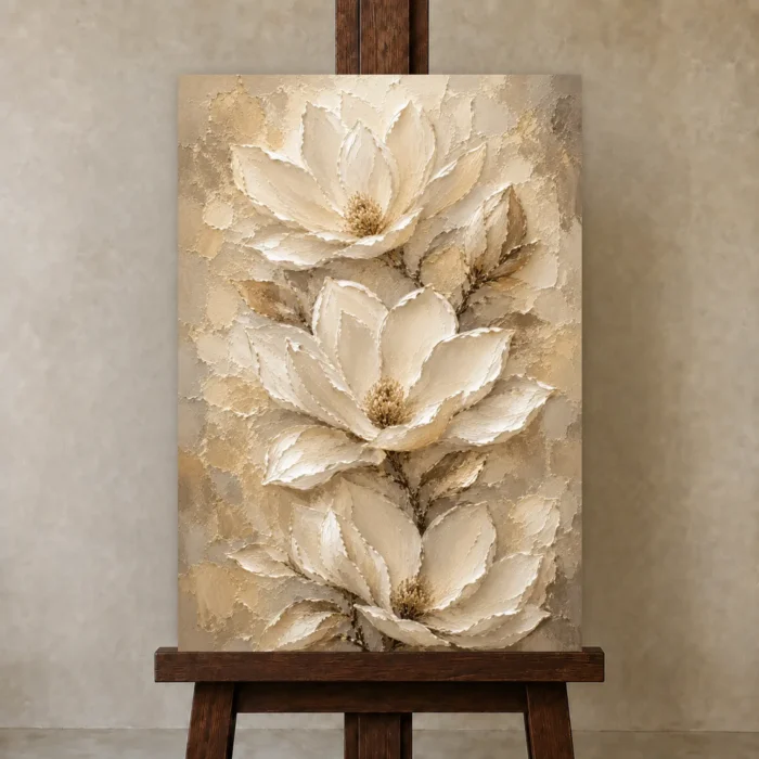 Ivory Champagne Oversized Magnolia Flower Wall Art Canvas Print displayed on a studio easel