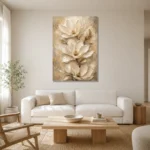 Ivory Champagne Oversized Magnolia Flower Wall Art Canvas Print styled in a refined neutral interior