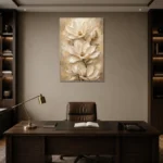 Ivory Champagne Oversized Magnolia Flower Wall Art Canvas Print displayed in a contemporary gallery-inspired room