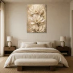 Ivory Champagne Oversized Magnolia Flower Wall Art Canvas Print showcased in an elegant minimalist interior