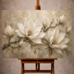 Ivory, champagne, taupe, and warm stone Magnolia Flower Wall Art print for elegant interiors. No text or watermarks in design.