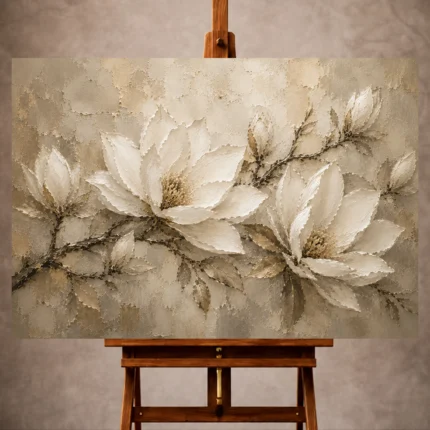 Ivory, champagne, taupe, and warm stone Magnolia Flower Wall Art print for elegant interiors. No text or watermarks in design.