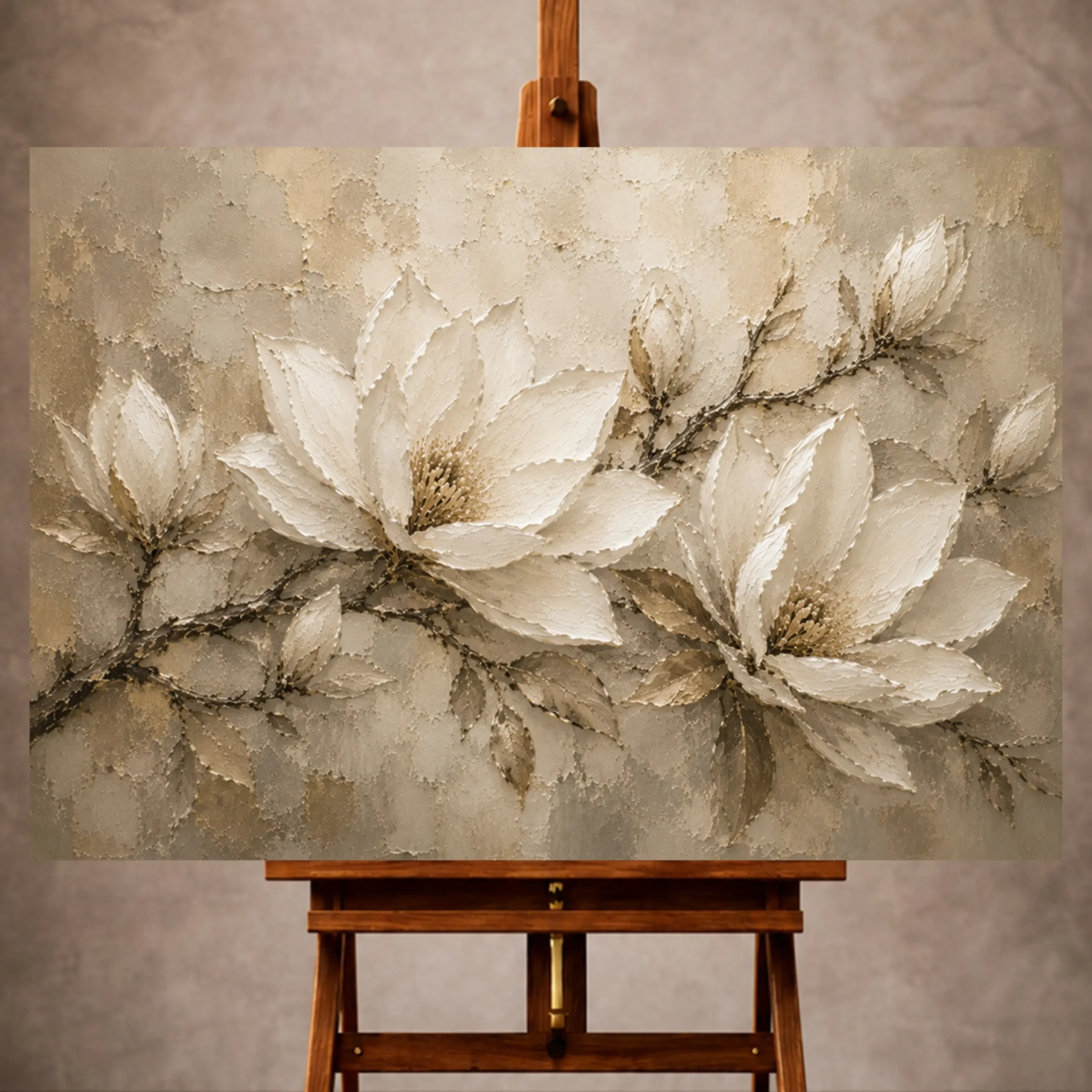 Premium Wall Art Yatay Html Edition – FLOWERWA041 Image 1 Ivory, champagne, taupe, and warm stone Magnolia Flower Wall Art print for elegant interiors. No text or watermarks in design.