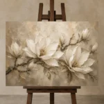 Ivory & Warm Stone Horizontal Magnolia Flower Wall Art Canvas Print displayed on a studio easel