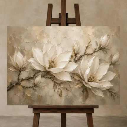 Ivory & Warm Stone Horizontal Magnolia Flower Wall Art Canvas Print displayed on a studio easel