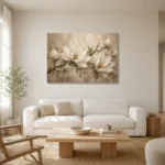 Ivory & Warm Stone Horizontal Magnolia Flower Wall Art Canvas Print styled in a refined neutral interior