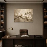 Ivory & Warm Stone Horizontal Magnolia Flower Wall Art Canvas Print displayed in a contemporary gallery-inspired room