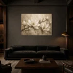 Ivory & Warm Stone Horizontal Magnolia Flower Wall Art Canvas Print shown in a warm modern interior