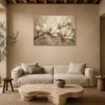 Ivory & Warm Stone Horizontal Magnolia Flower Wall Art Canvas Print presented in a sophisticated home setting