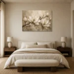 Ivory & Warm Stone Horizontal Magnolia Flower Wall Art Canvas Print showcased in an elegant minimalist interior
