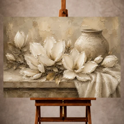 Ivory, soft champagne, taupe, and subtle beige Magnolia Flower Wall Art print for elegant interiors. No text or watermarks in design.
