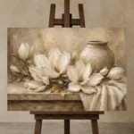 Ivory Champagne Magnolia Still Life Flower Wall Art Canvas Print displayed on a studio easel