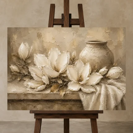 Ivory Champagne Magnolia Still Life Flower Wall Art Canvas Print displayed on a studio easel
